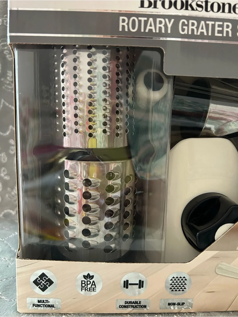 NWT Brookstone 3 Piece Set White, Black and Silver, Hand Rotary Grater Set